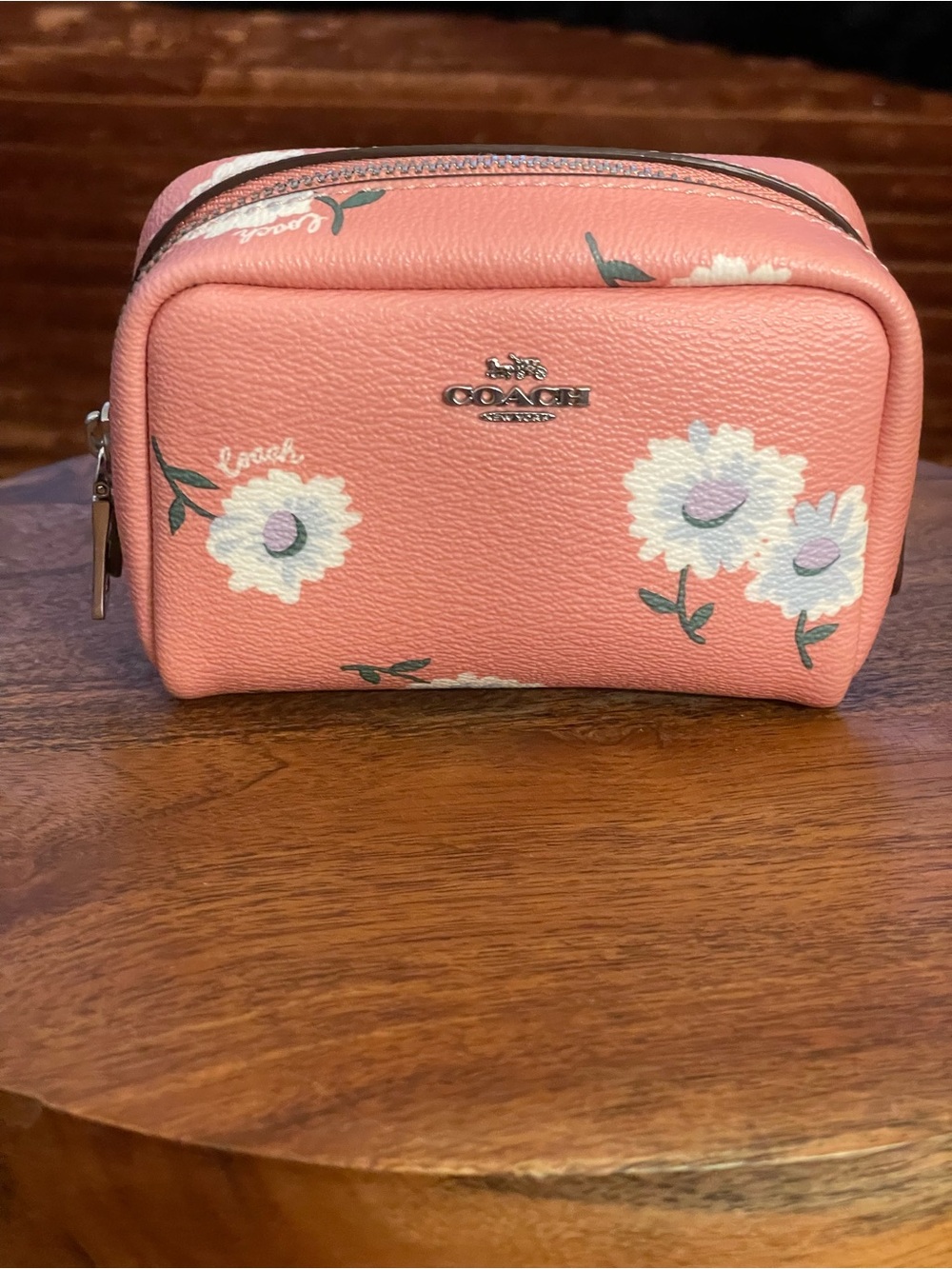 COACH Pink Leather Daisy Print Boxy Small Cosmetic Case C3062